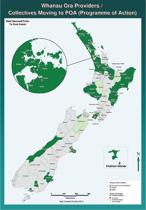 Map of New Zealand showing Whanau Ora Providers / Collectives Moving to POA